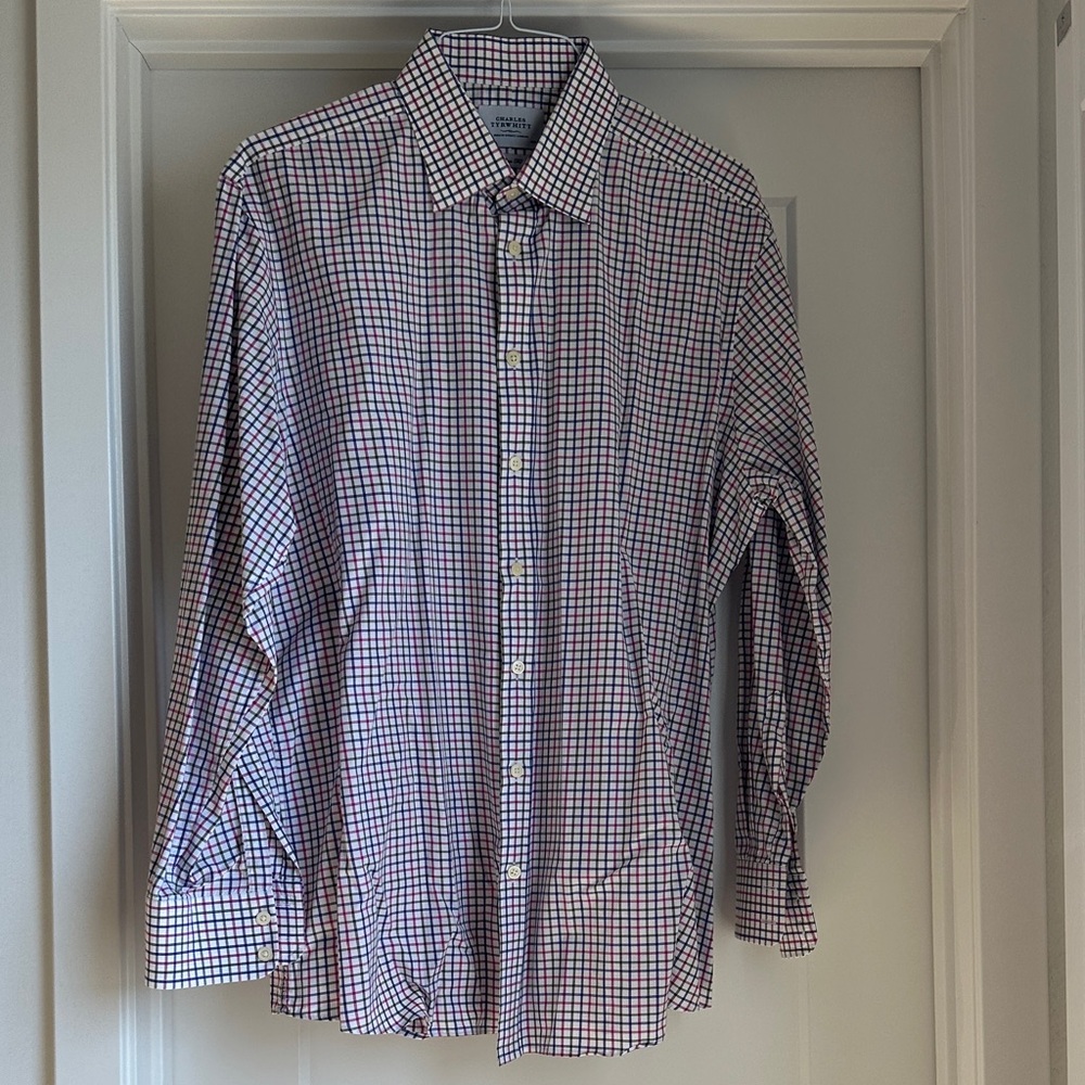 Charles Tyrwhitt Red and Blue Plaid Men's Shirt